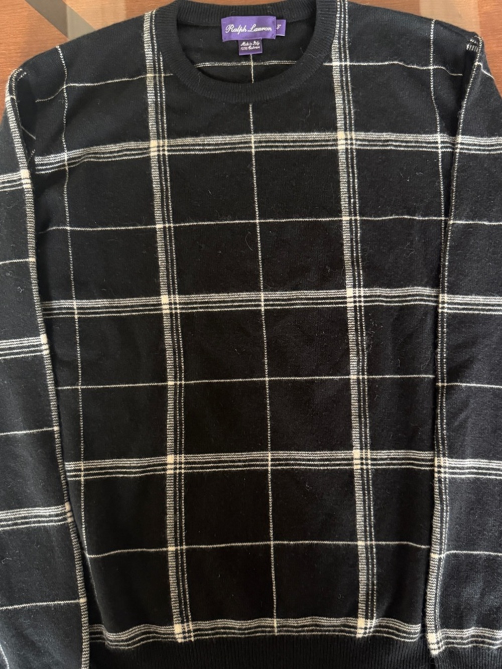 100% Cashmere Purple Label Ralph Lauren Black Crewneck Sweater w/White Window